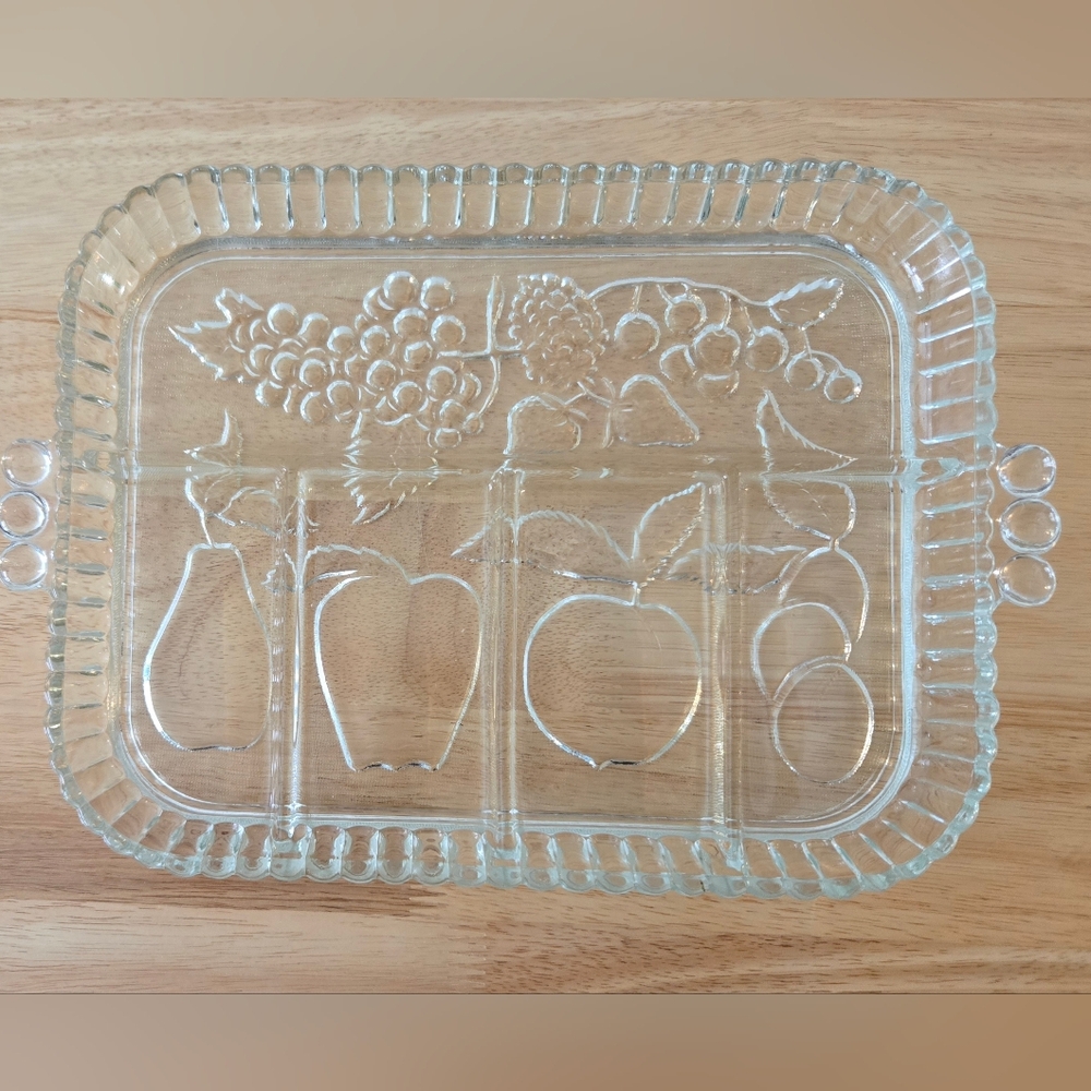 Indiana Glass Vintage Relish Tray Clear Fruit Pattern Euc